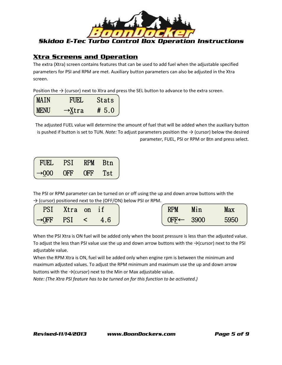 Main fuel stats menu, Xtra # 5.0 fuel psi rpm btn, 000 off off tst psi xtra on if | Off psi < 4.6 rpm min max | BoonDocker SKI-DOO: E-TEC Turbo User Manual | Page 5 / 9