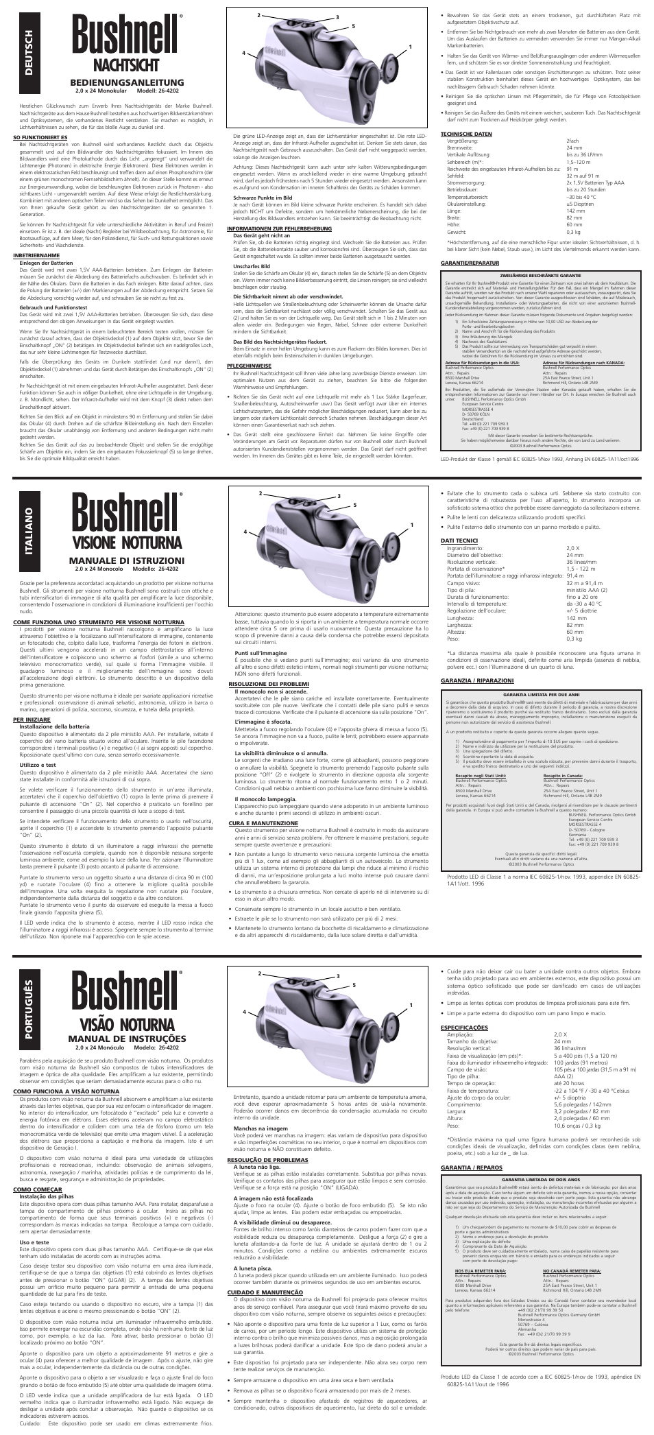 Nachtsicht visão noturna visione notturna, Deutsch, It aliano | Por tuguês, Bedienungsanleitung, Manuale di istruzioni, Manual de instruções | Bushnell 26-4202 User Manual | Page 2 / 2