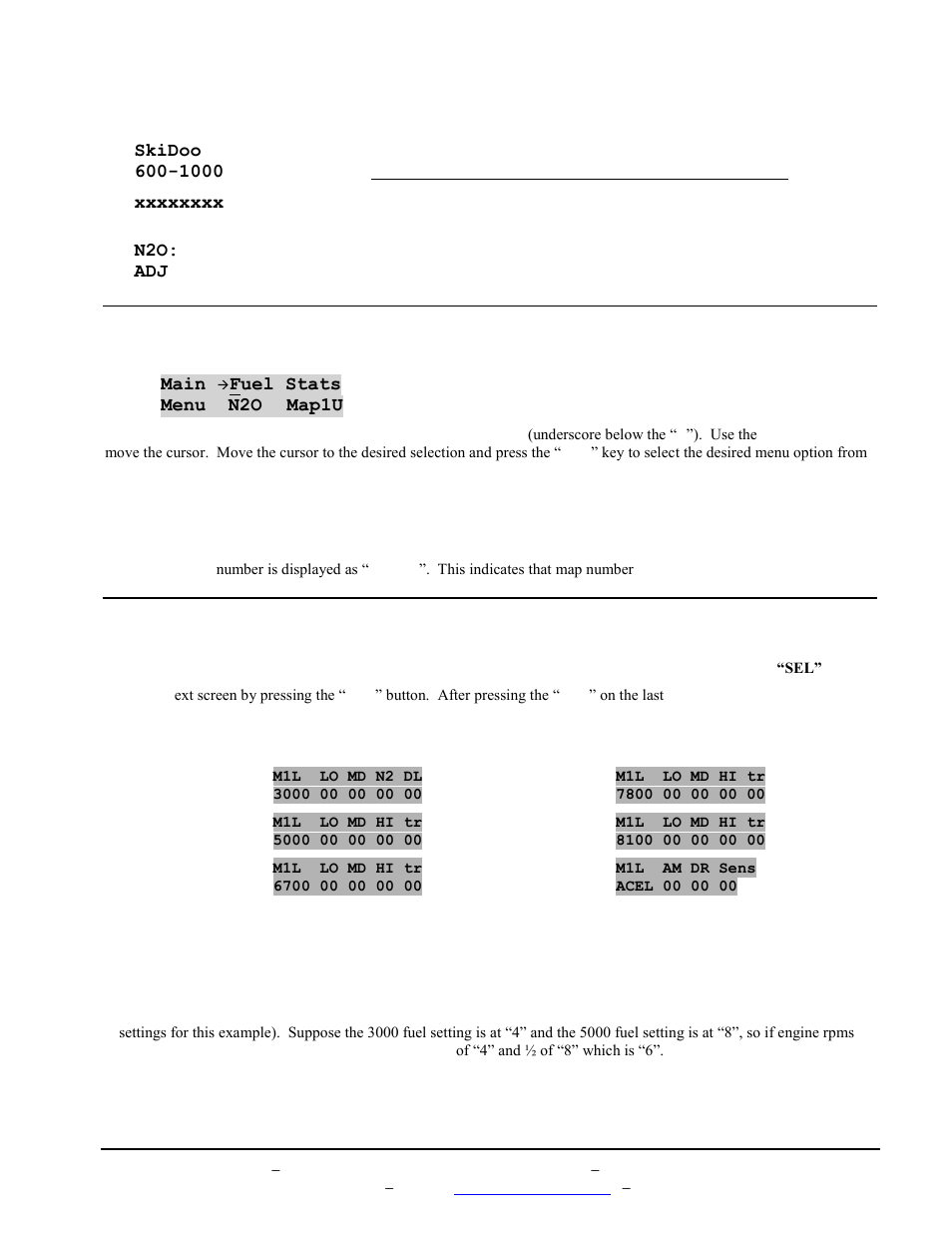 Main menu, Fuel adjust menus | BoonDocker SKI-DOO: Non-turbo Control Box SDI 600/1000 4 INJ User Manual | Page 3 / 16