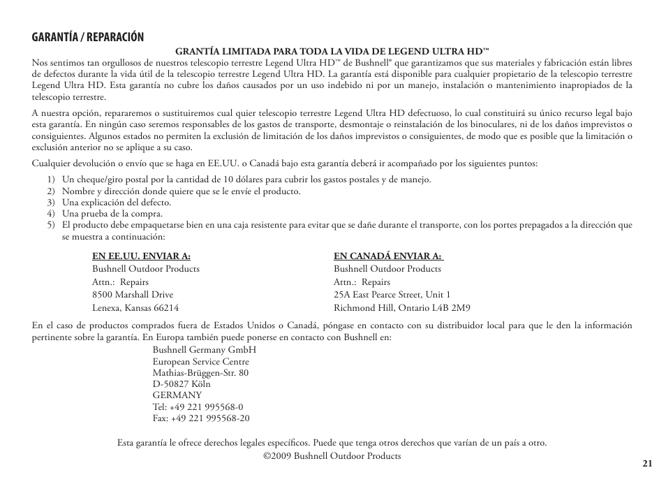 Garantía / reparación | Bushnell Legend 98-1404/03-09 User Manual | Page 21 / 36