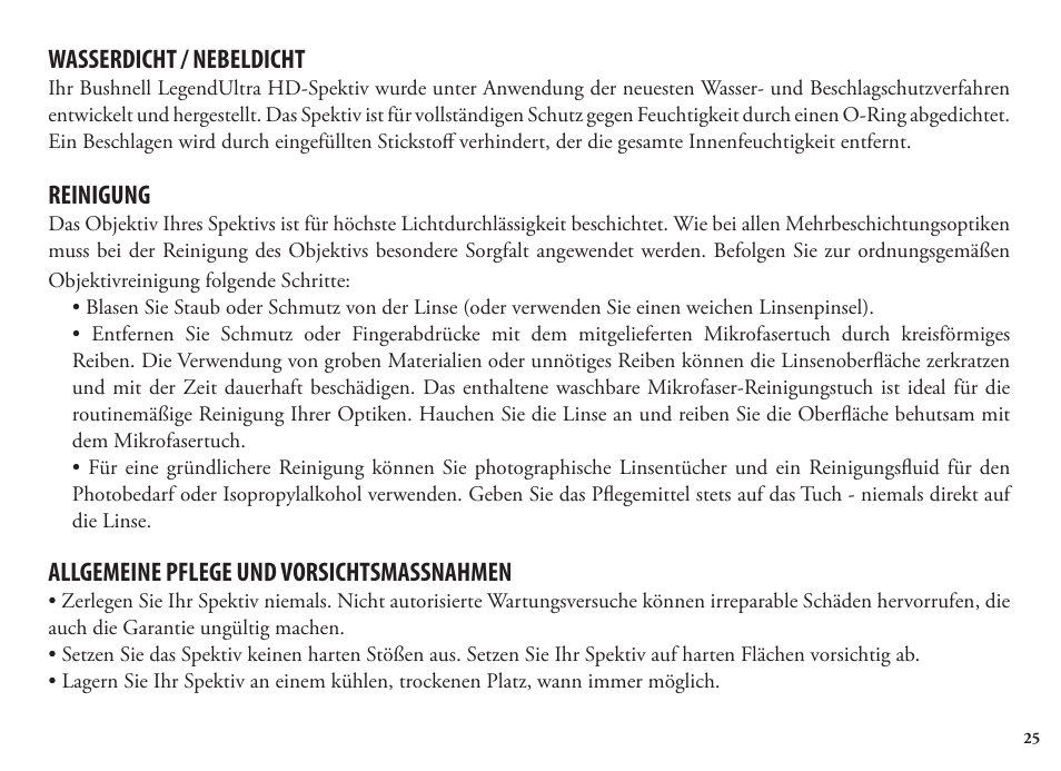 Wasserdicht / nebeldicht, Reinigung, Allgemeine pflege und vorsichtsmassnahmen | Bushnell Legend 98-1404/03-09 User Manual | Page 25 / 36