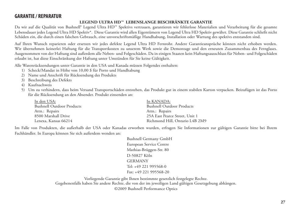 Garantie / reparatur | Bushnell Legend 98-1404/03-09 User Manual | Page 27 / 36