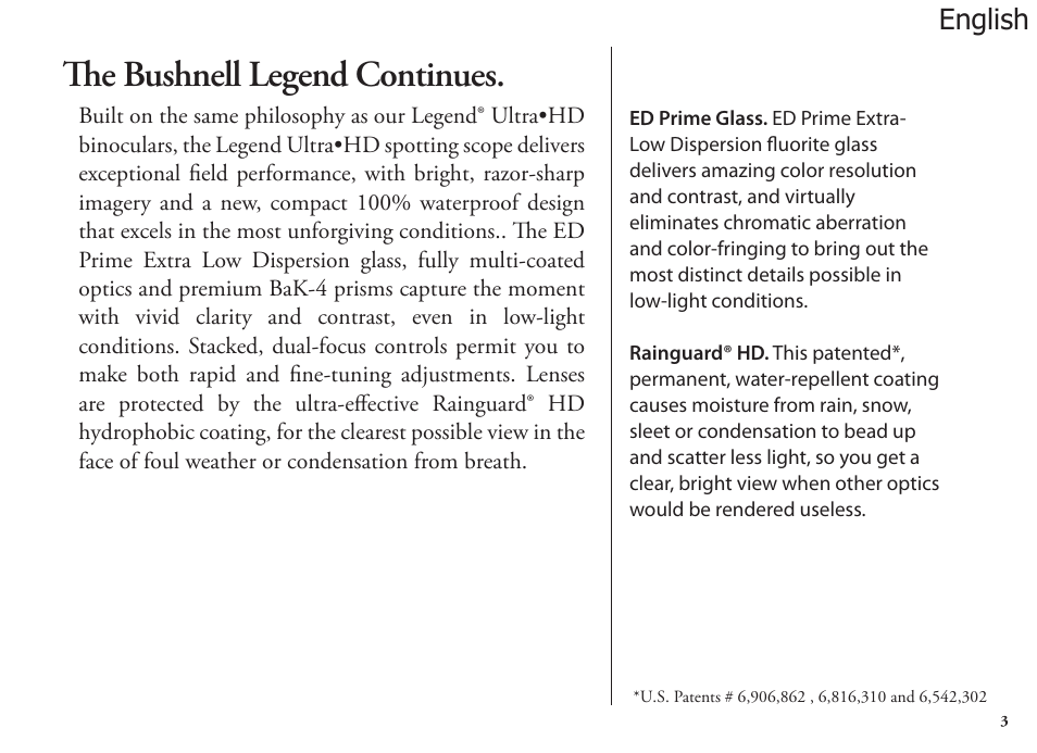 The bushnell legend continues, English | Bushnell Legend 98-1404/03-09 User Manual | Page 3 / 36