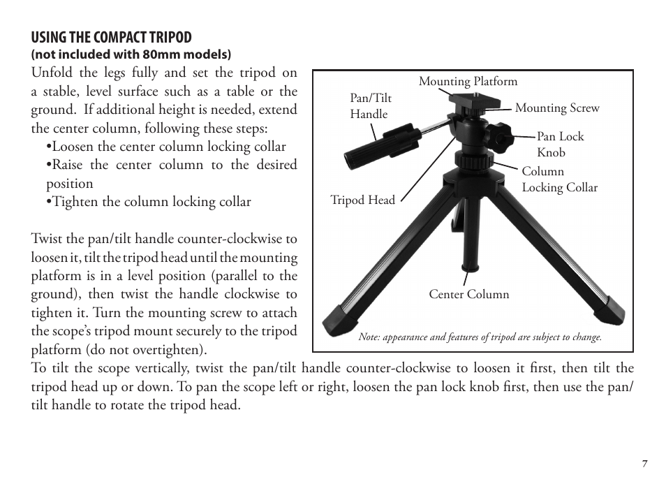 Using the compact tripod | Bushnell Legend 98-1404/03-09 User Manual | Page 7 / 36