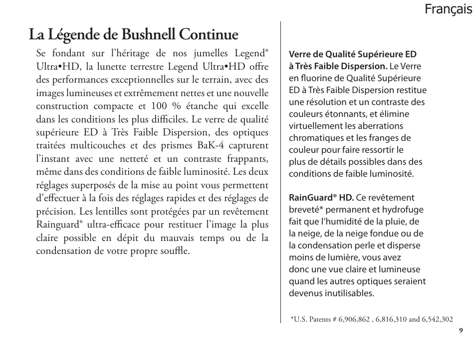 La légende de bushnell continue, Français | Bushnell Legend 98-1404/03-09 User Manual | Page 9 / 36
