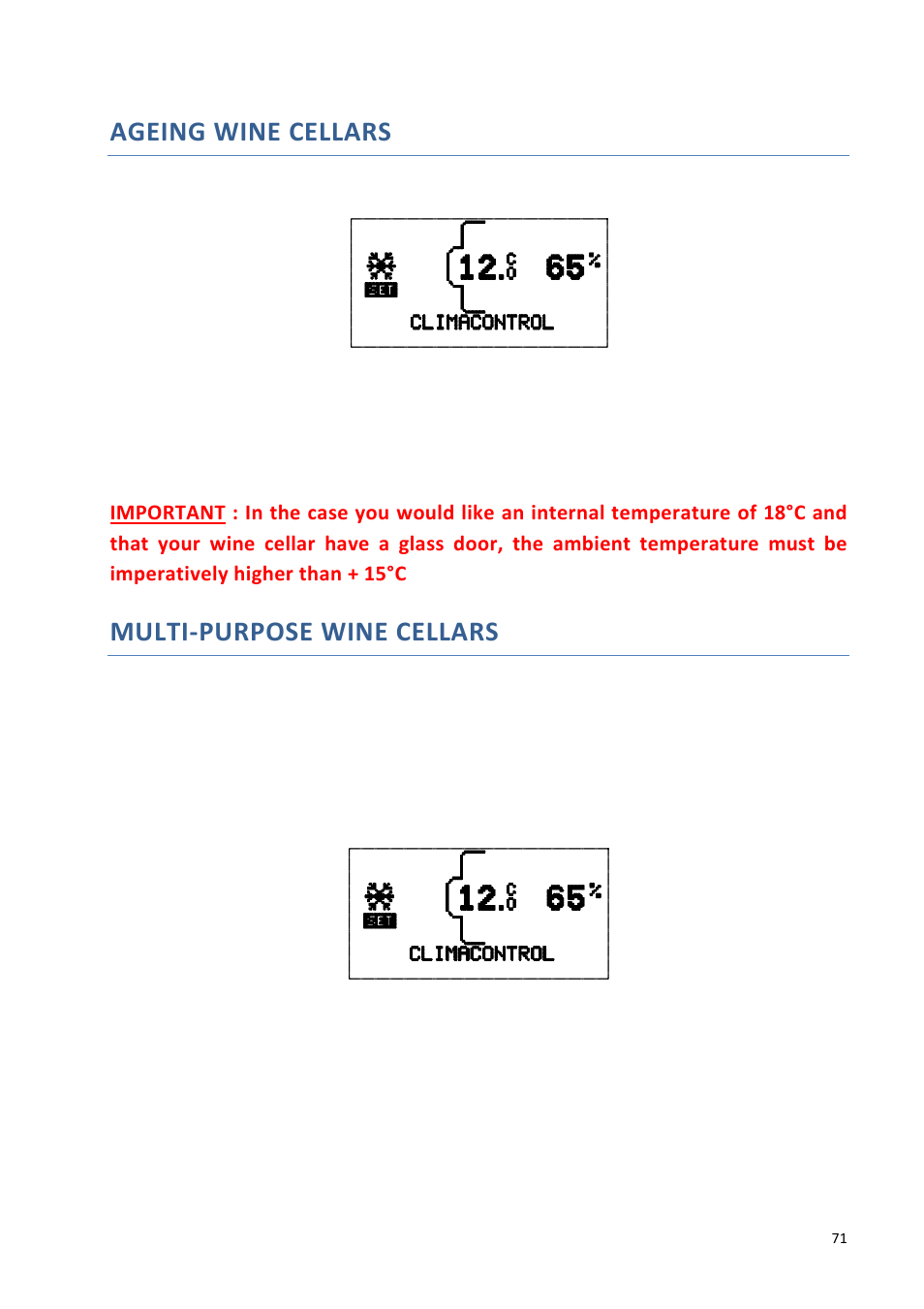 Ageing wine cellars, Multi-purpose wine cellars | Climadiff DVA180/305G User Manual | Page 71 / 247