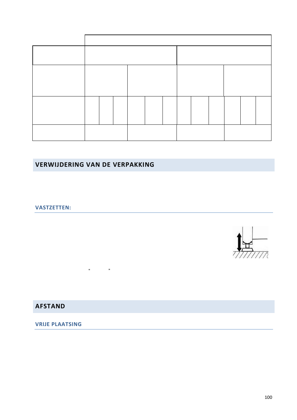 Verwijdering van de verpakking, Afstand, Vastzetten | Vrije plaatsing | Climadiff DV265AGN7 User Manual | Page 100 / 146