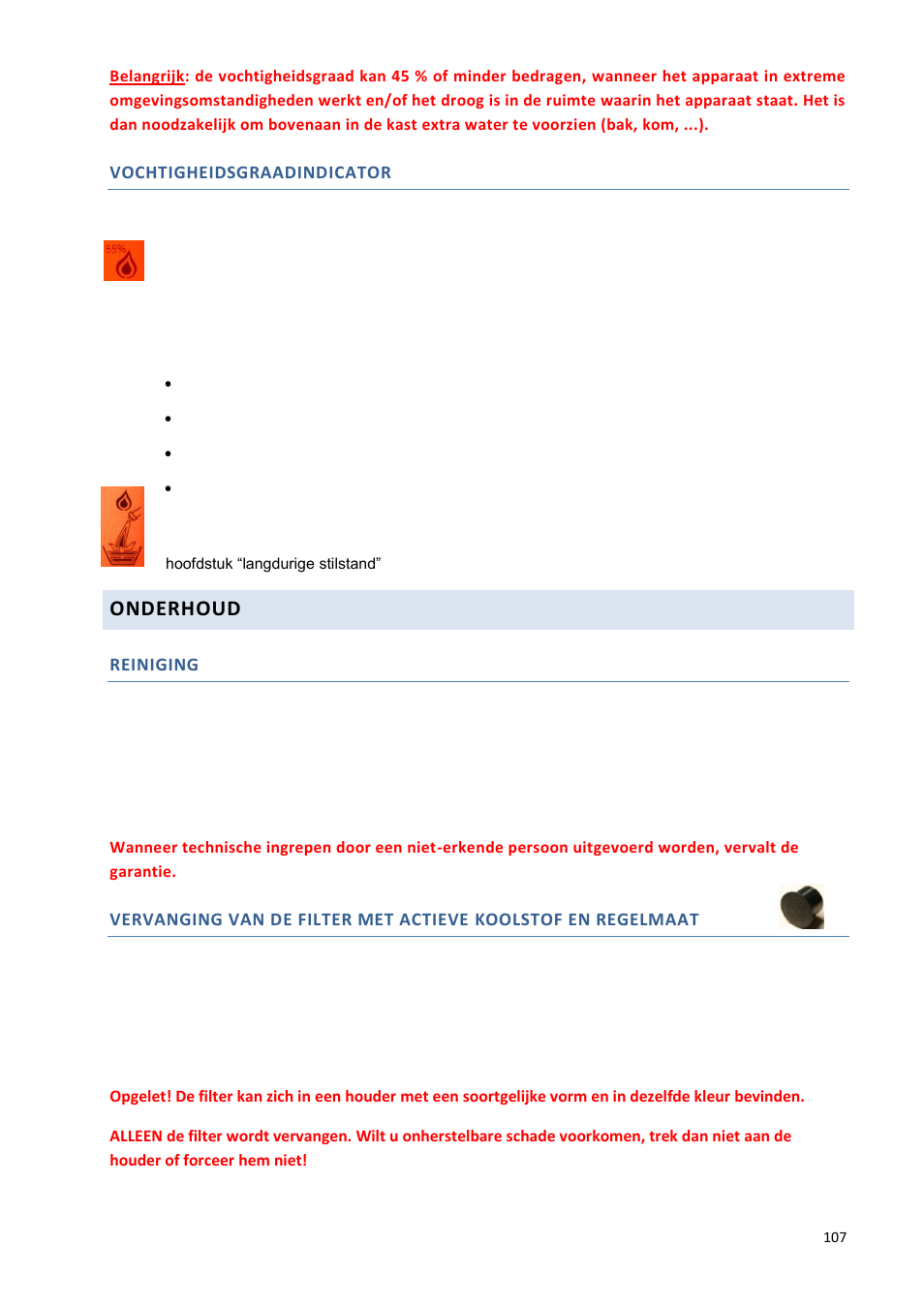 Onderhoud, Vochtigheidsgraadindicator, Reiniging | Climadiff DV265AGN7 User Manual | Page 107 / 146