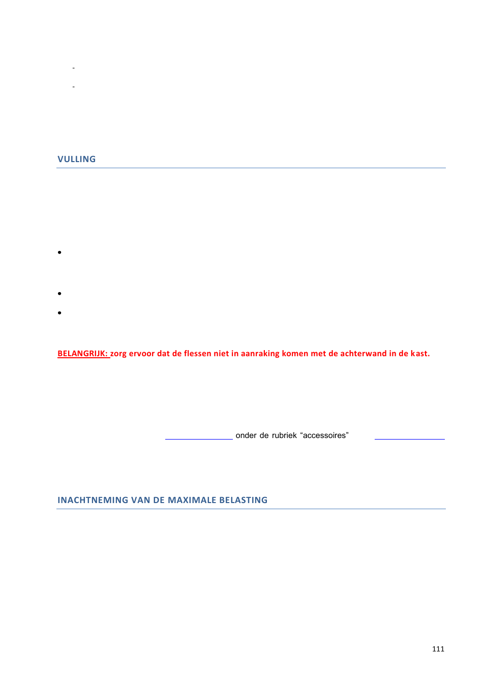 Vulling, Inachtneming van de maximale belasting | Climadiff DV265AGN7 User Manual | Page 111 / 146