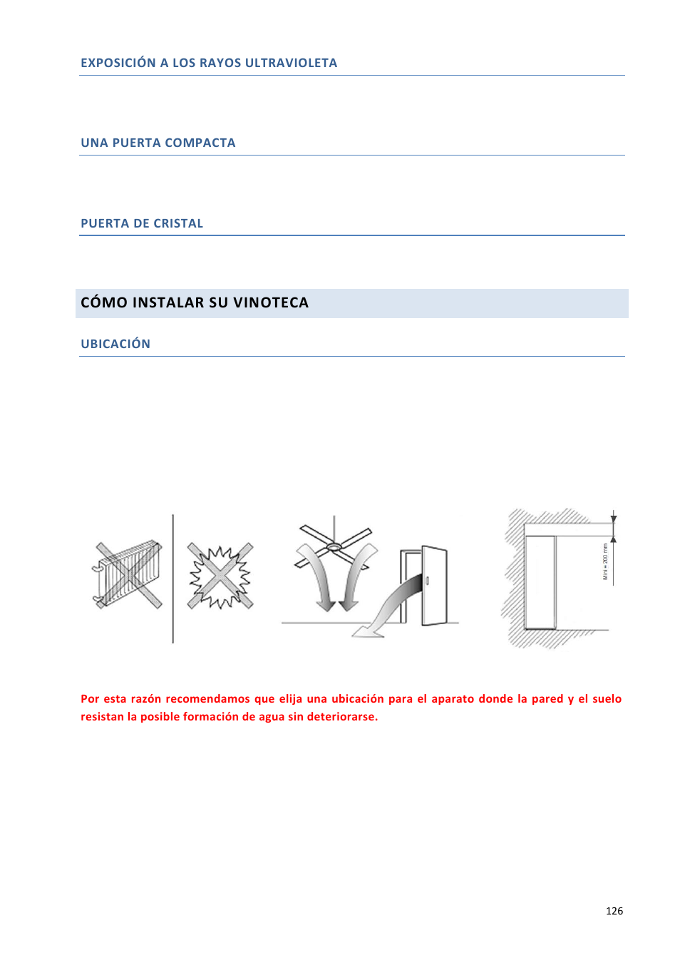 Exposición a los rayos ultravioleta, Una puerta compacta, Puerta de cristal | Ubicación | Climadiff DV265AGN7 User Manual | Page 126 / 146