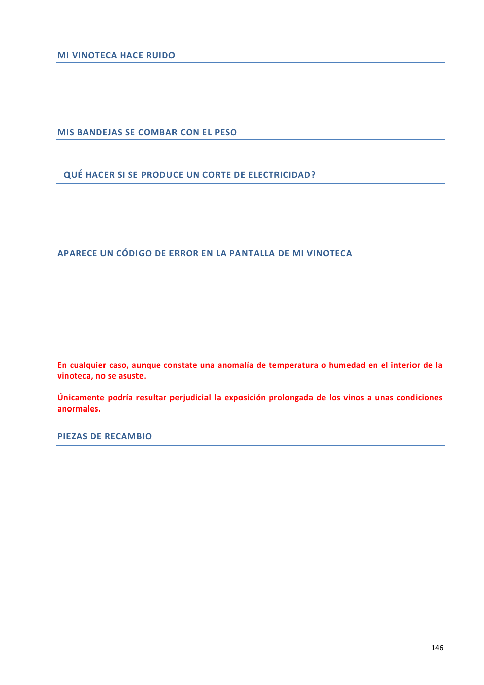 Mis bandejas se combar con el peso, Qué hacer si se produce un corte de electricidad, Piezas de recambio | Climadiff DV265AGN7 User Manual | Page 146 / 146