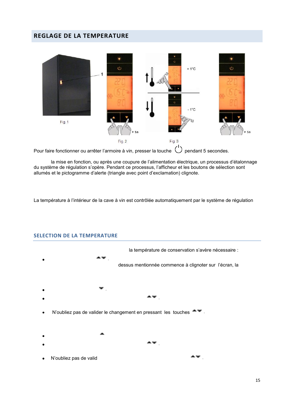 Reglage de la temperature, Selection de la temperature | Climadiff DV265AGN7 User Manual | Page 15 / 146