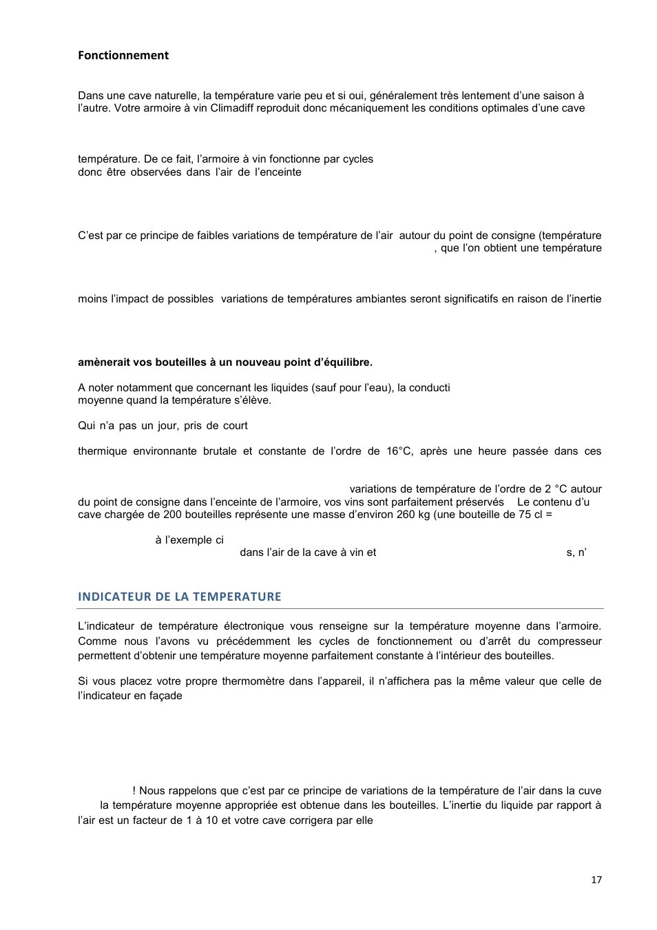 Fonctionnement, Indicateur de la temperature | Climadiff DV265AGN7 User Manual | Page 17 / 146