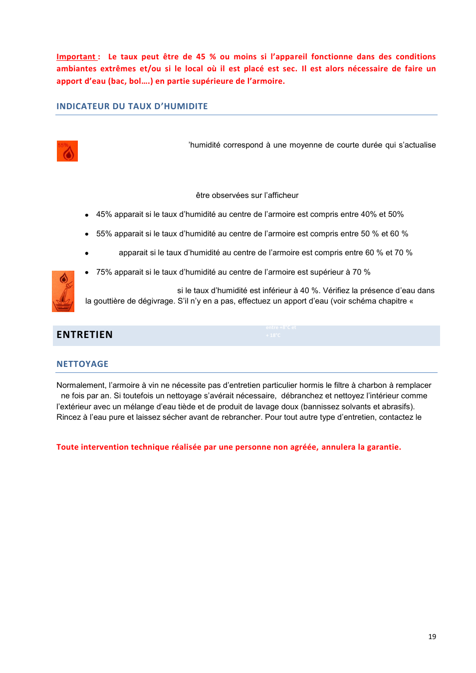 Entretien, Indicateur du taux d’humidite, Nettoyage | Climadiff DV265AGN7 User Manual | Page 19 / 146