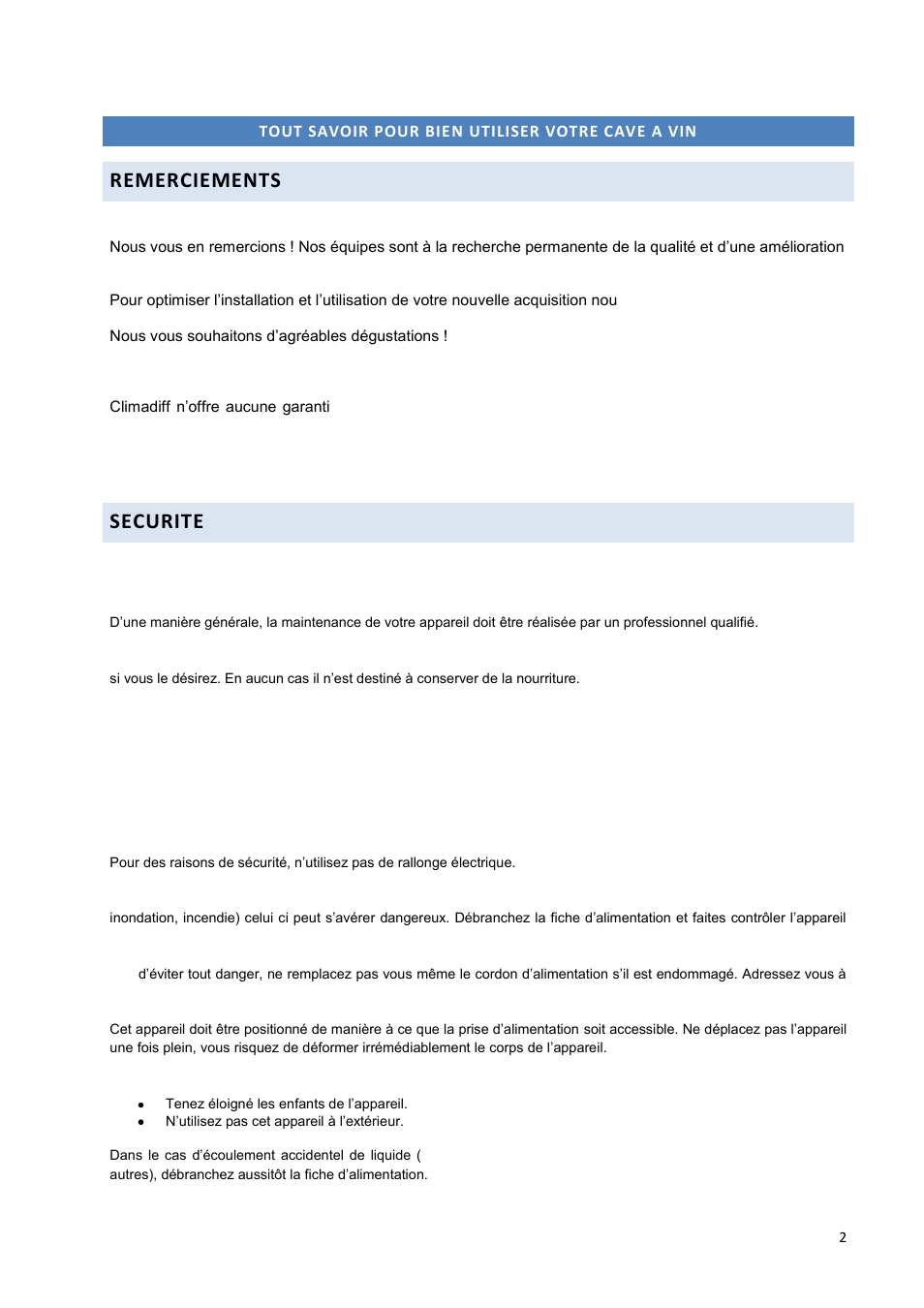 Remerciements, Securite | Climadiff DV265AGN7 User Manual | Page 2 / 146