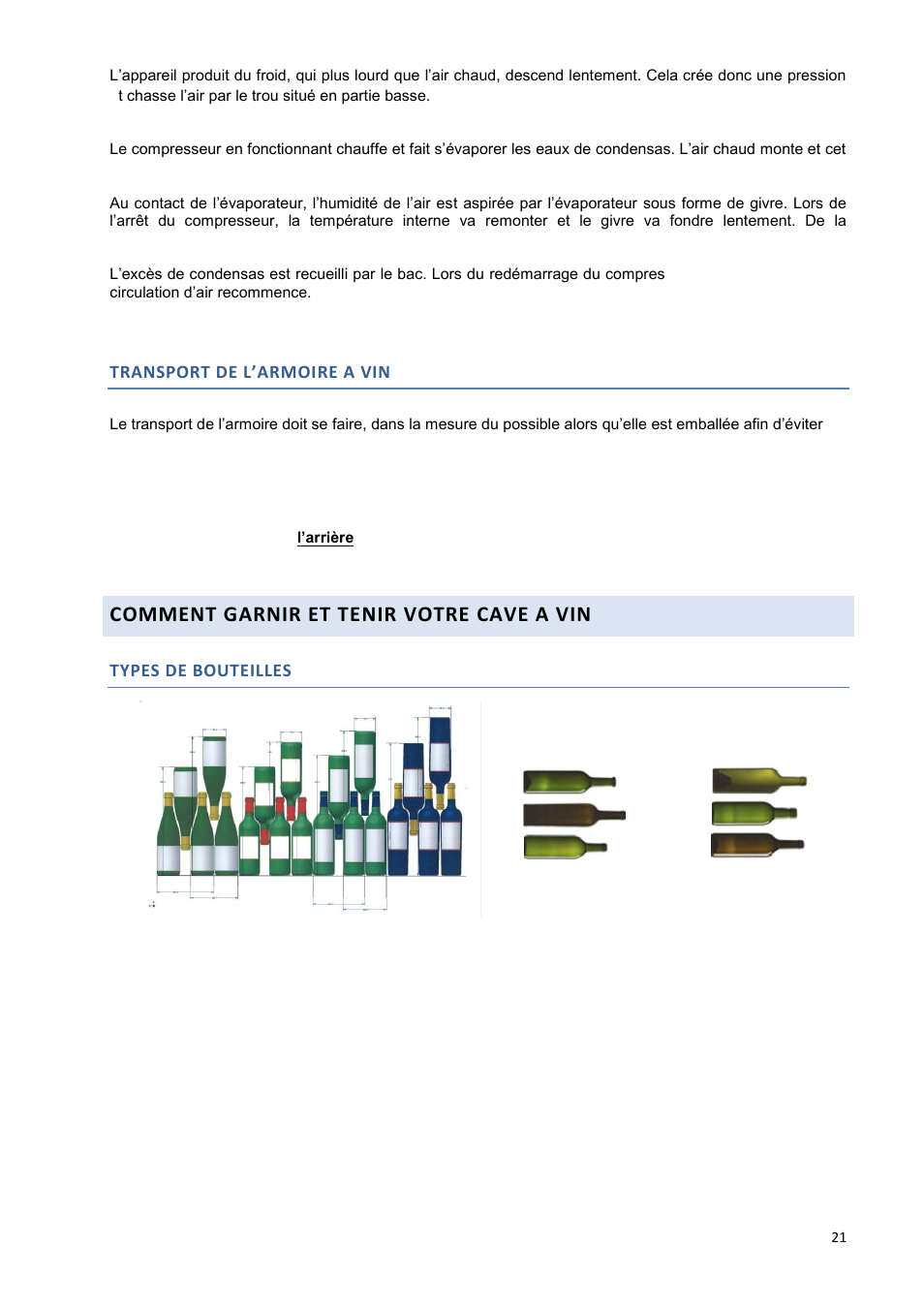 Comment garnir et tenir votre cave a vin, Transport de l’armoire a vin, Types de bouteilles | Climadiff DV265AGN7 User Manual | Page 21 / 146