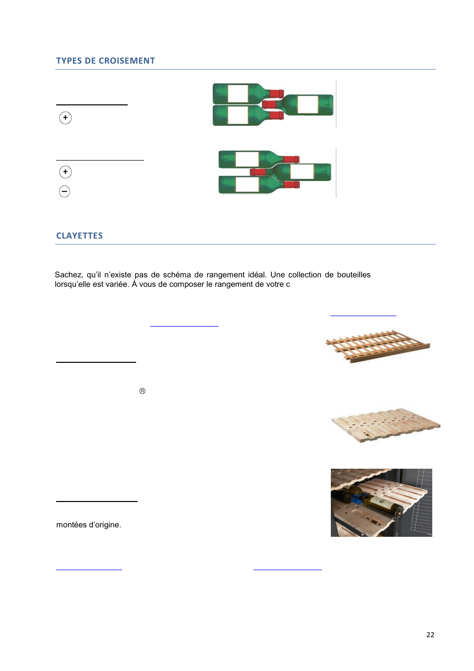 Types de croisement, Clayettes | Climadiff DV265AGN7 User Manual | Page 22 / 146