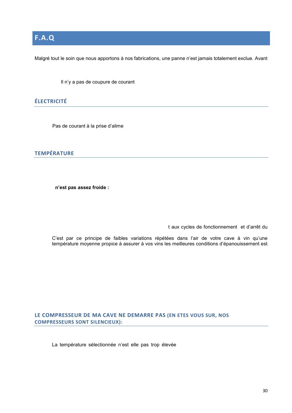 F.a.q, Électricité, Température | Le compresseur de ma cave ne demarre pas | Climadiff DV265AGN7 User Manual | Page 30 / 146
