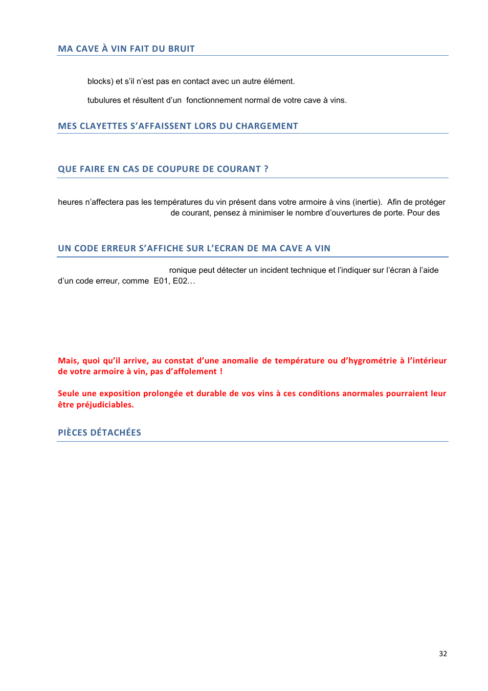 Ma cave à vin fait du bruit, Mes clayettes s’affaissent lors du chargement, Que faire en cas de coupure de courant | Pièces détachées | Climadiff DV265AGN7 User Manual | Page 32 / 146