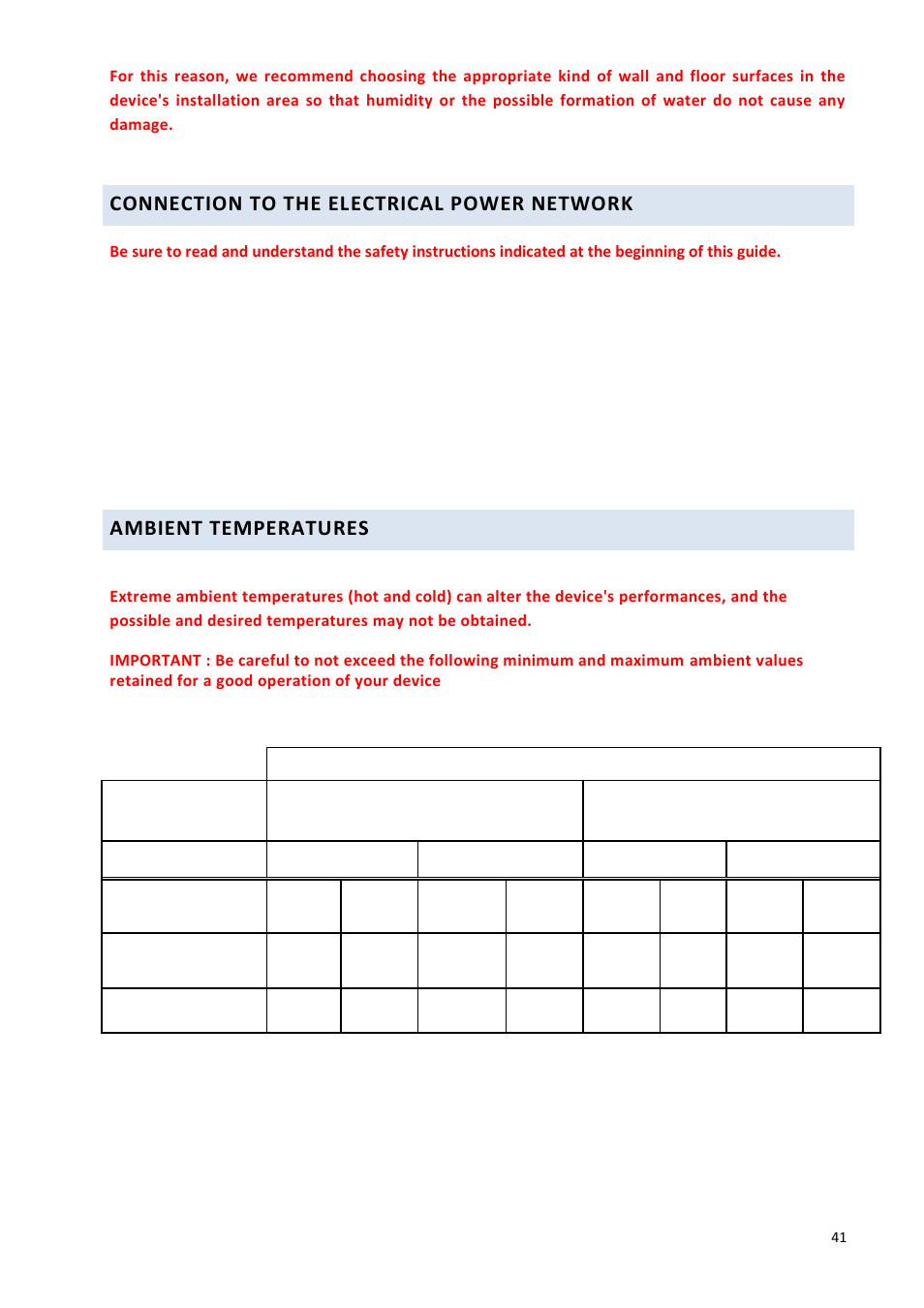 Connection to the electrical power network, Ambient temperatures | Climadiff DV265AGN7 User Manual | Page 41 / 146