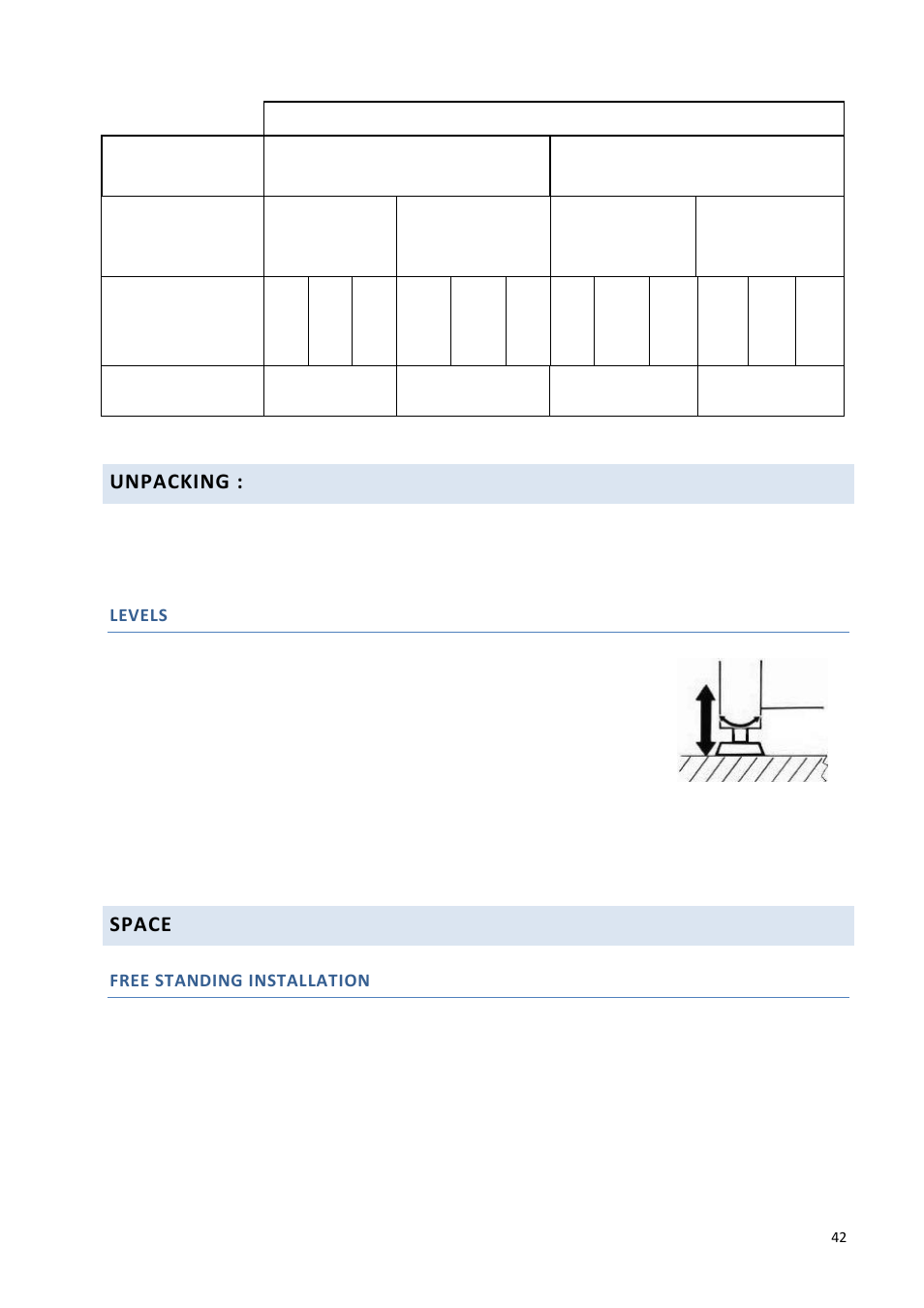 Unpacking, Space, Levels | Free standing installation | Climadiff DV265AGN7 User Manual | Page 42 / 146