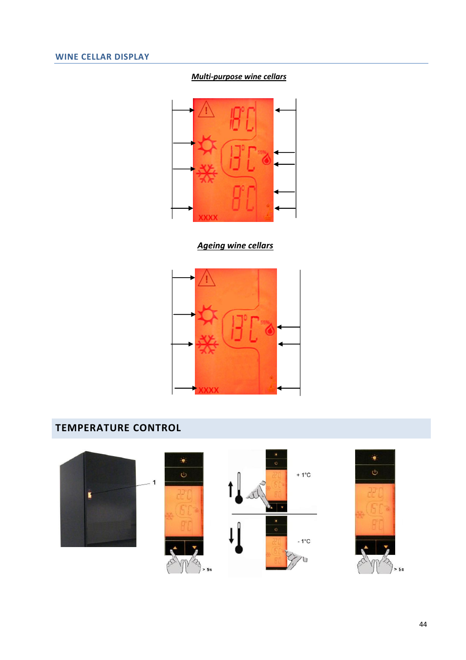 Temperature control, Wine cellar display, Ageing wine cellars | Climadiff DV265AGN7 User Manual | Page 44 / 146