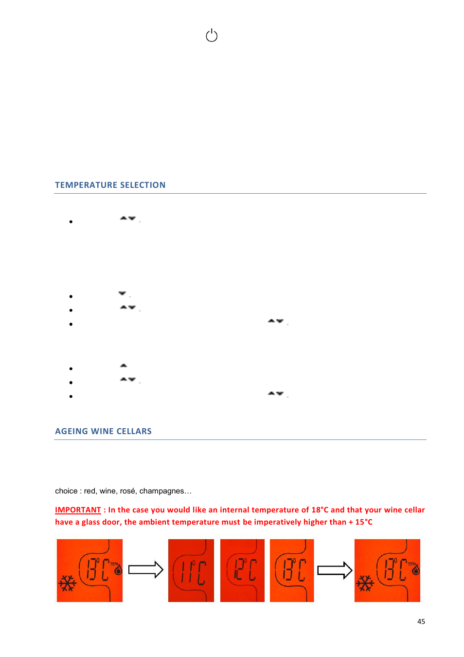 Temperature selection, Ageing wine cellars | Climadiff DV265AGN7 User Manual | Page 45 / 146