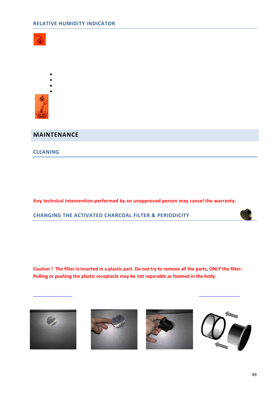 Maintenance, Relative humidity indicator, Cleaning | Climadiff DV265AGN7 User Manual | Page 49 / 146