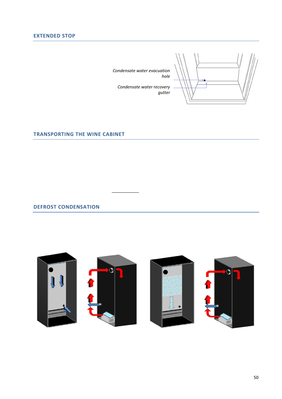 Extended stop, Transporting the wine cabinet, Defrost condensation | Climadiff DV265AGN7 User Manual | Page 50 / 146