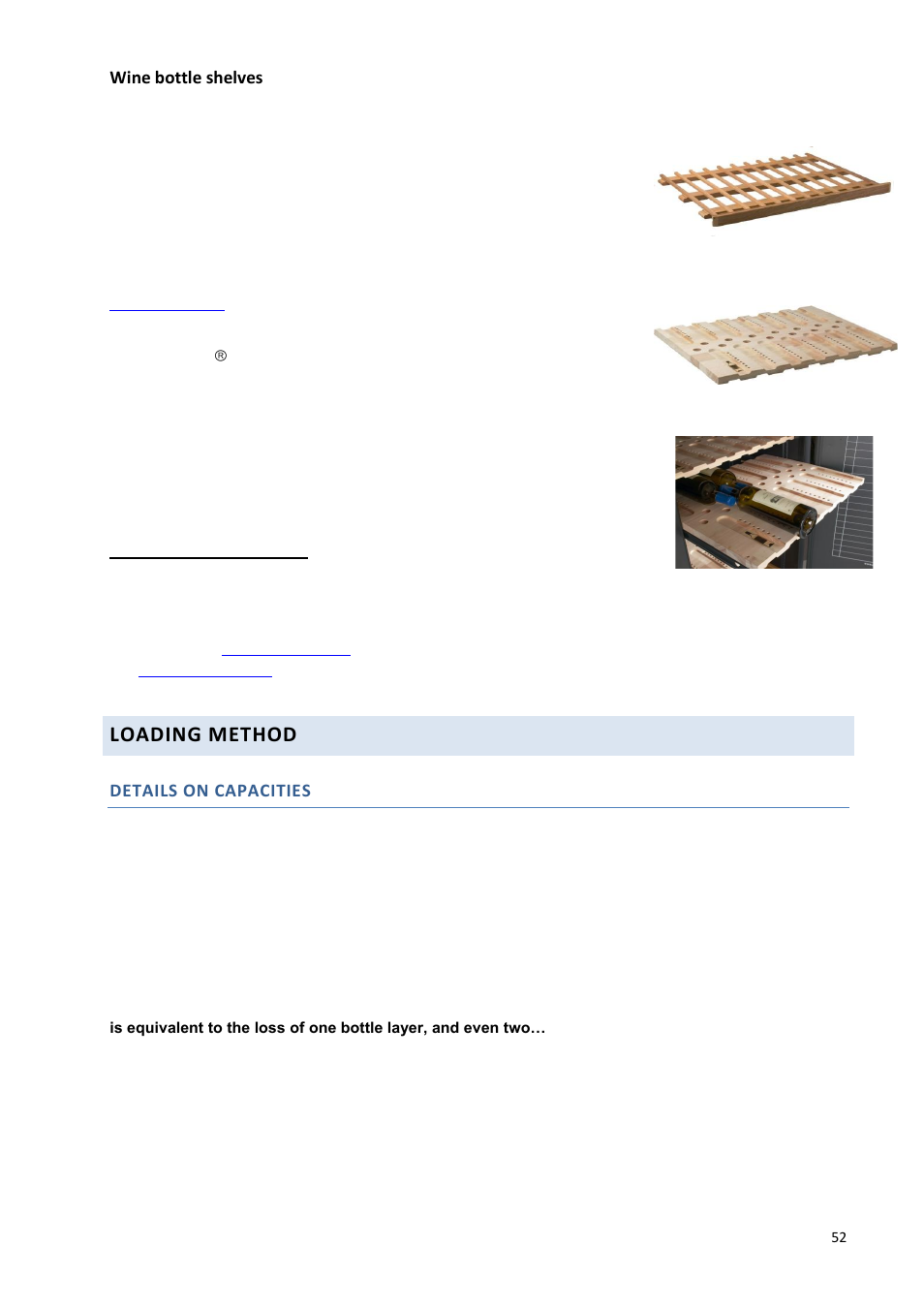 Loading method, Wine bottle shelves, Details on capacities | Climadiff DV265AGN7 User Manual | Page 52 / 146