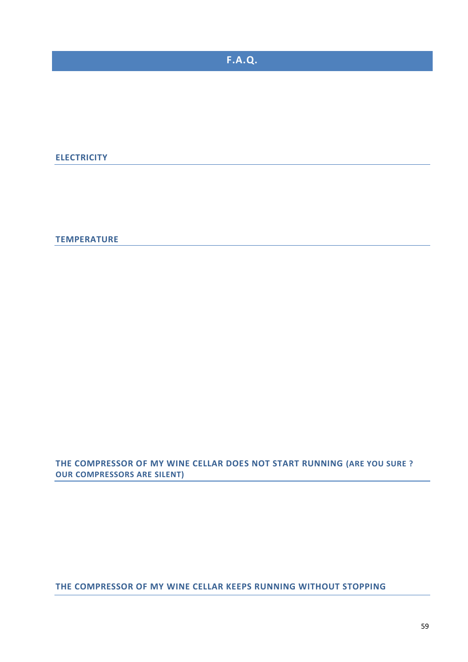 F.a.q, Electricity, Temperature | Climadiff DV265AGN7 User Manual | Page 59 / 146