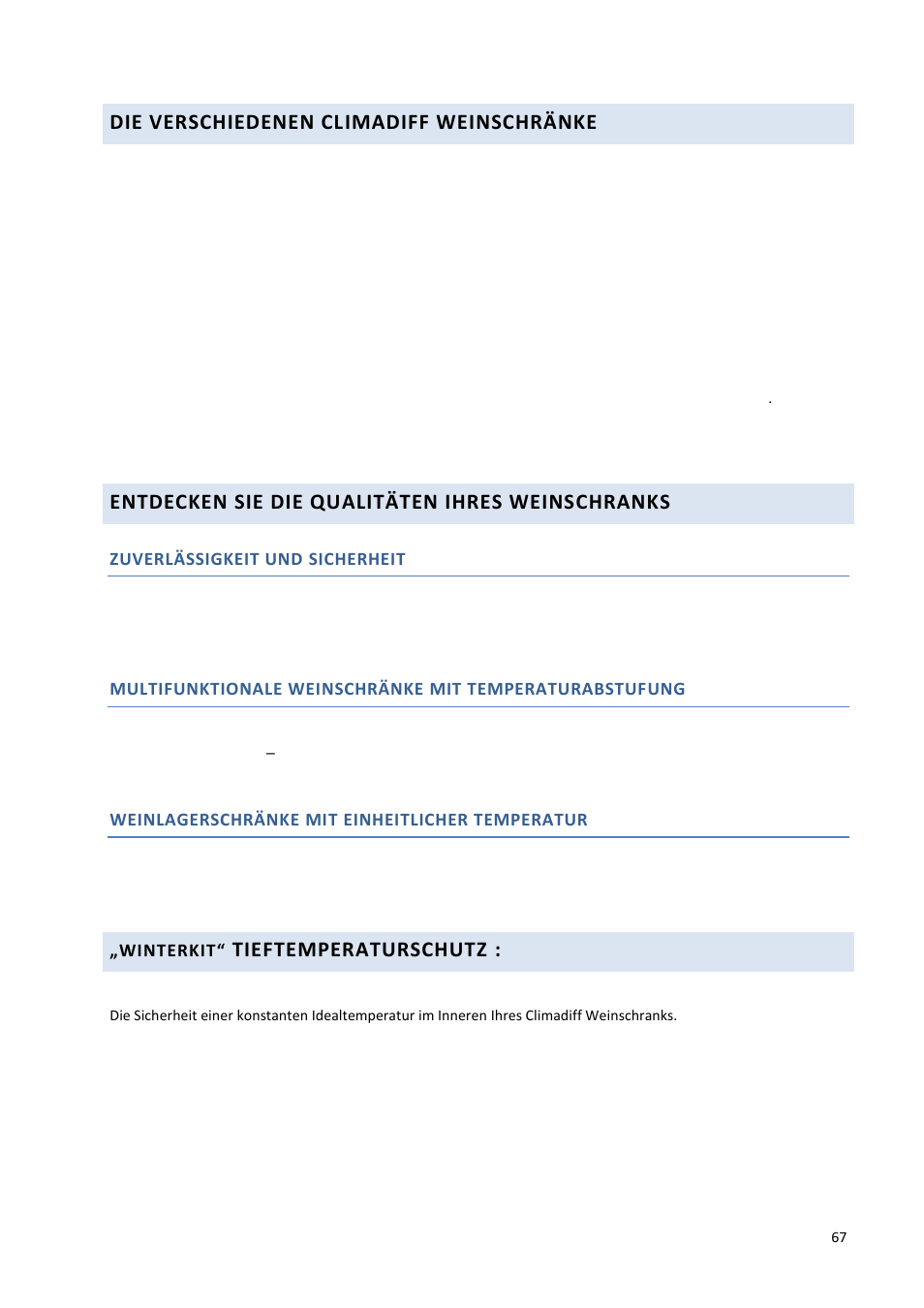 Die verschiedenen climadiff weinschränke, Entdecken sie die qualitäten ihres weinschranks, Tieftemperaturschutz | Climadiff DV265AGN7 User Manual | Page 67 / 146