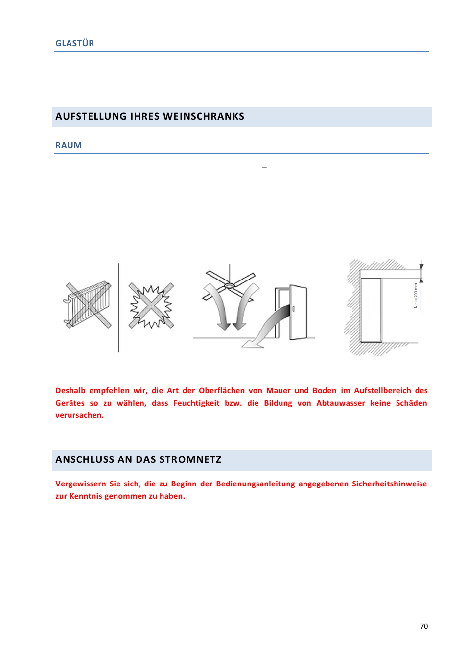 Aufstellung ihres weinschranks, Anschluss an das stromnetz, Glastür | Raum | Climadiff DV265AGN7 User Manual | Page 70 / 146