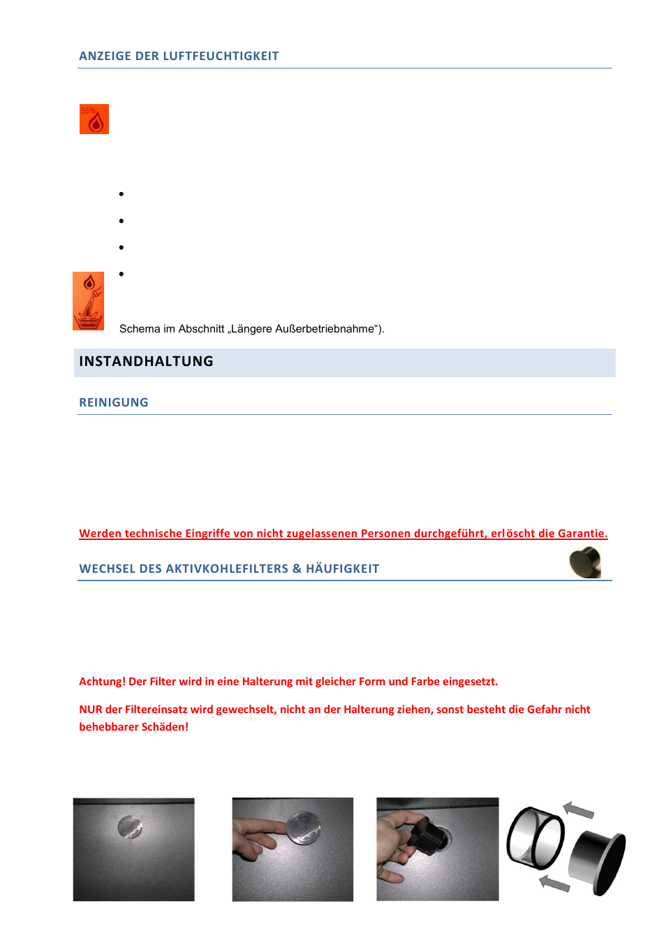 Instandhaltung, Anzeige der luftfeuchtigkeit, Reinigung | Wechsel des aktivkohlefilters & häufigkeit | Climadiff DV265AGN7 User Manual | Page 79 / 146