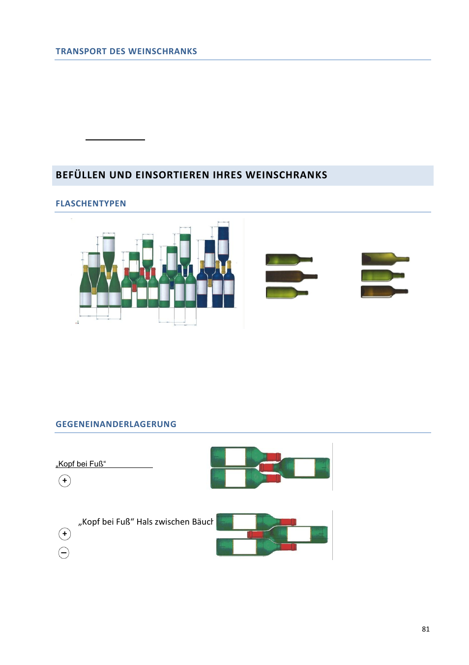 Befüllen und einsortieren ihres weinschranks, Transport des weinschranks, Flaschentypen | Gegeneinanderlagerung, Kopf bei fuß“ hals zwischen bäuchen | Climadiff DV265AGN7 User Manual | Page 81 / 146