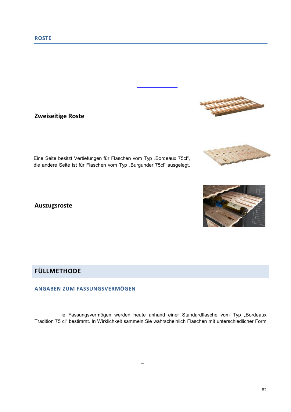Zweiseitige roste, Auszugsroste, Füllmethode | Roste, Angaben zum fassungsvermögen | Climadiff DV265AGN7 User Manual | Page 82 / 146