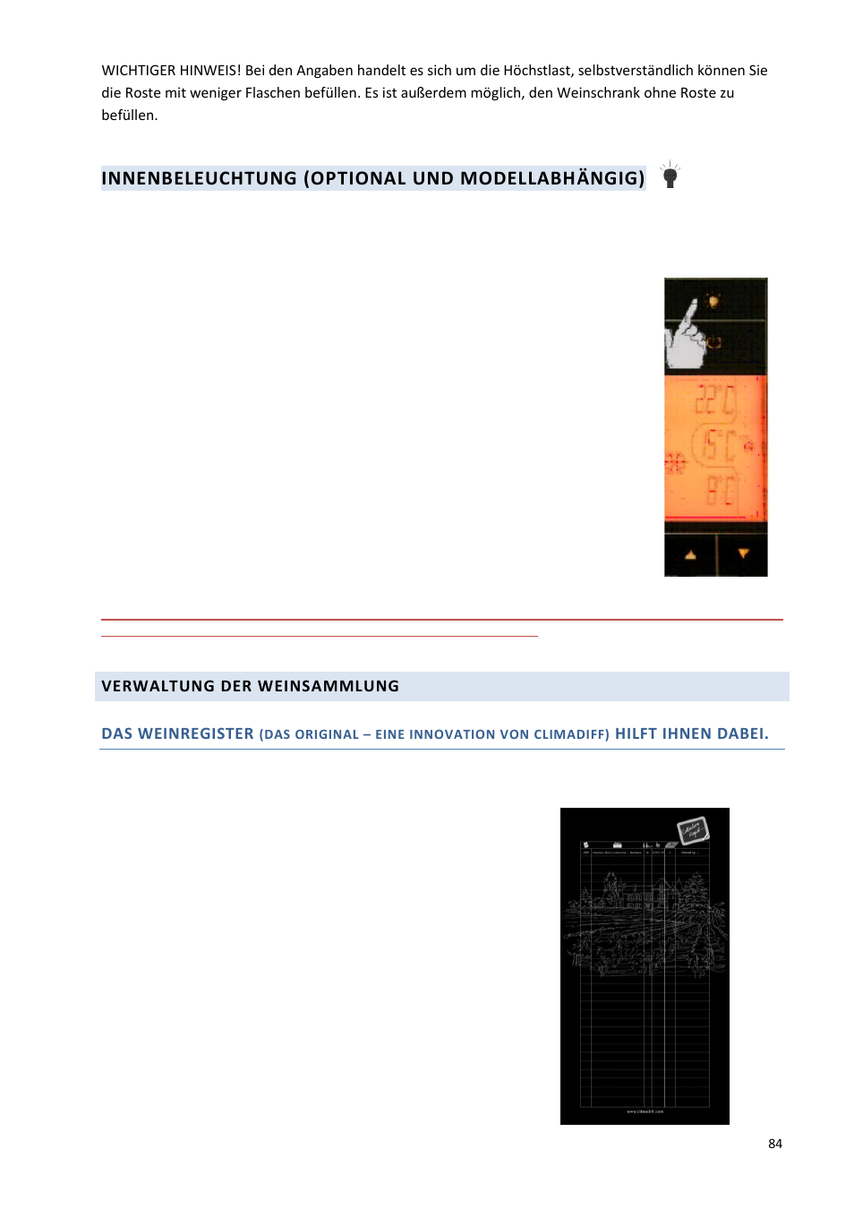 Innenbeleuchtung (optional und modellabhängig), Verwaltung der weinsammlung das weinregister, Hilft ihnen dabei | Climadiff DV265AGN7 User Manual | Page 84 / 146