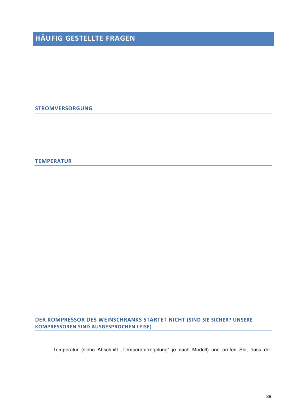 Häufig gestellte fragen, Stromversorgung, Temperatur | Der kompressor des weinschranks startet nicht | Climadiff DV265AGN7 User Manual | Page 88 / 146
