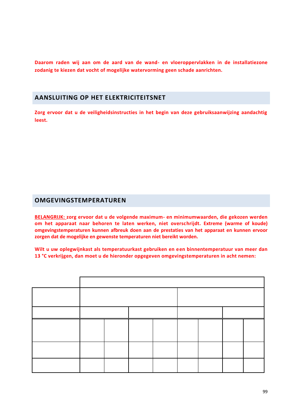 Aansluiting op het elektriciteitsnet, Omgevingstemperaturen | Climadiff DV265AGN7 User Manual | Page 99 / 146