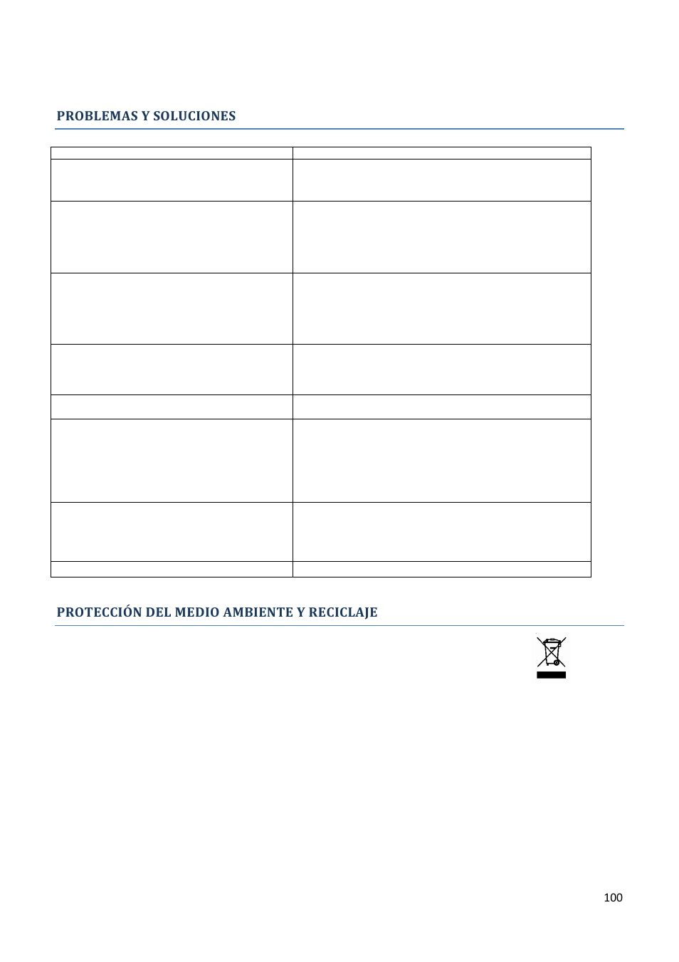 Problemas y soluciones, Protección del medio ambiente y reciclaje | Climadiff AV93X3ZI-1 User Manual | Page 100 / 106