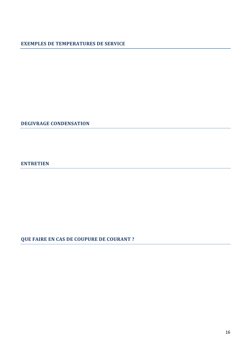 Exemples de temperatures de service, Degivrage condensation, Entretien | Que faire en cas de coupure de courant | Climadiff AV93X3ZI-1 User Manual | Page 16 / 106