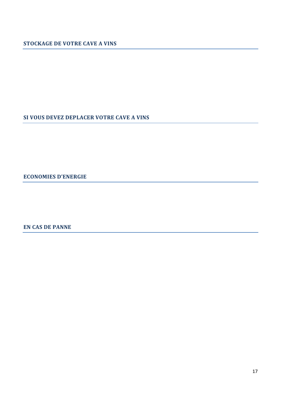 Stockage de votre cave a vins, Si vous devez deplacer votre cave a vins, Economies d’energie | En cas de panne | Climadiff AV93X3ZI-1 User Manual | Page 17 / 106