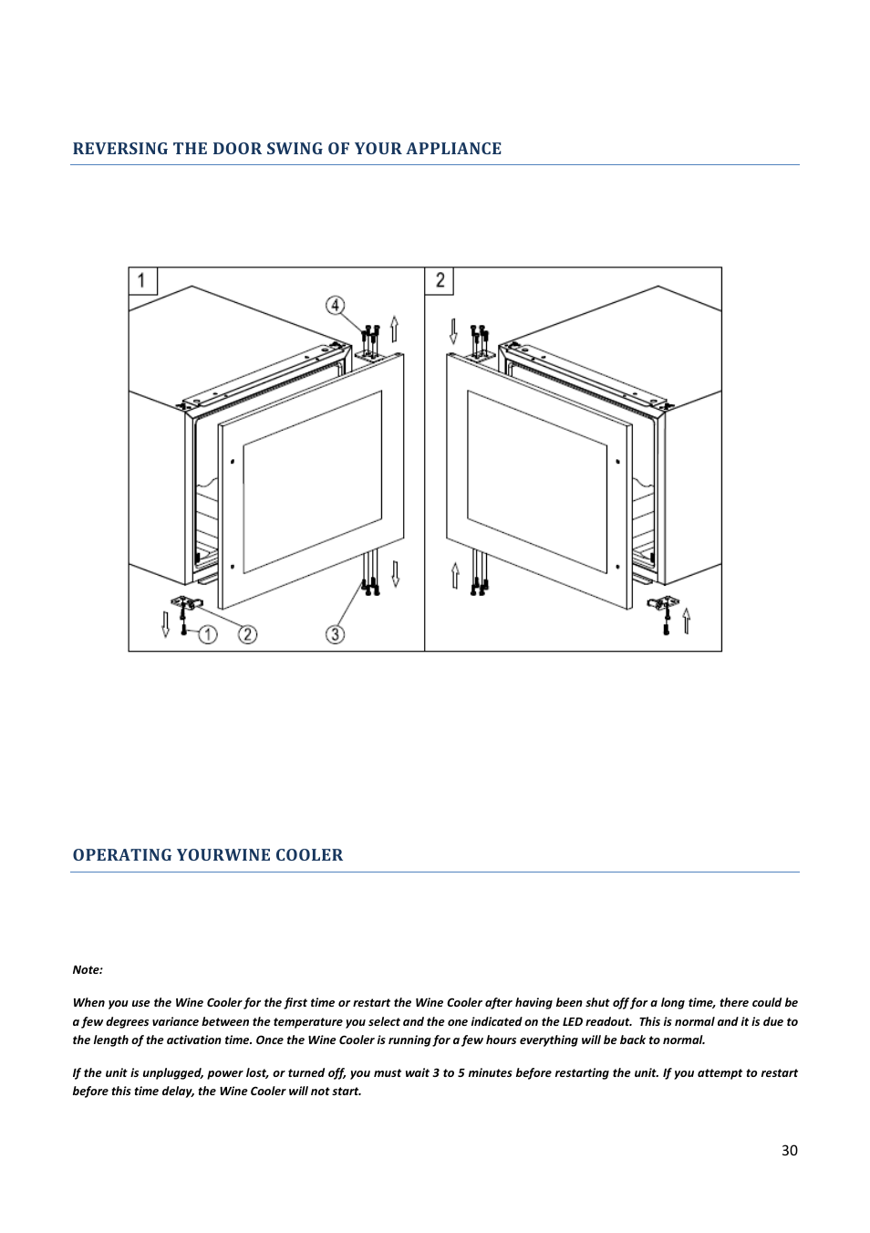 Reversing the door swing of your appliance, Operating yourwine cooler | Climadiff AV93X3ZI-1 User Manual | Page 30 / 106