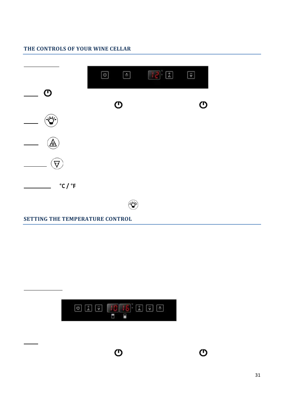 The controls of your wine cellar, Setting the temperature control | Climadiff AV93X3ZI-1 User Manual | Page 31 / 106