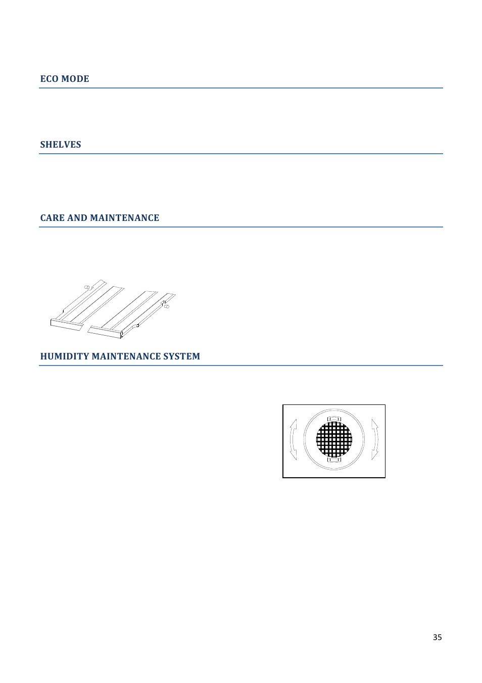 Eco mode, Shelves, Care and maintenance | Humidity maintenance system | Climadiff AV93X3ZI-1 User Manual | Page 35 / 106