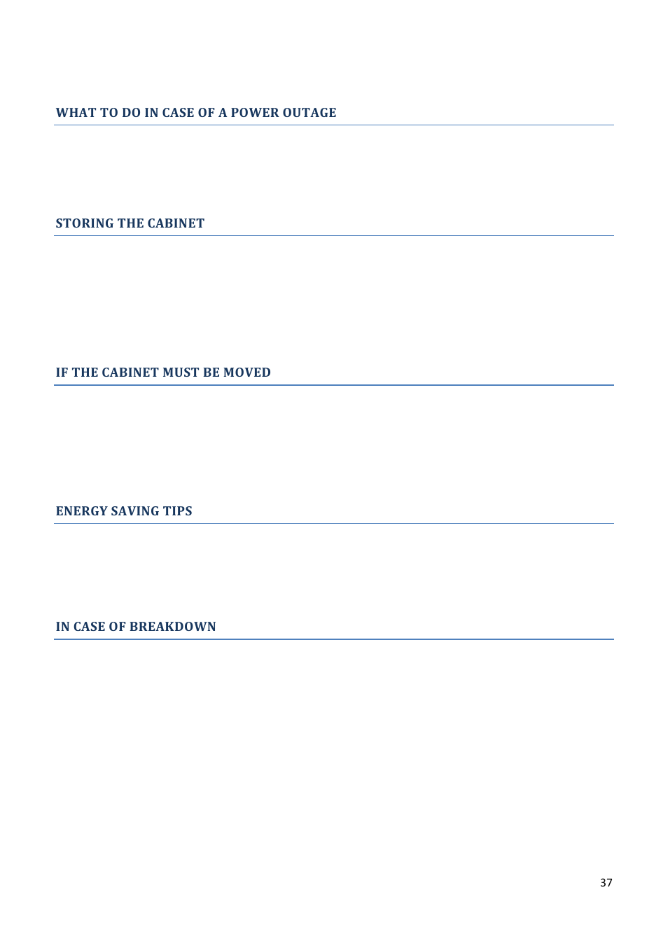 What to do in case of a power outage, Storing the cabinet, If the cabinet must be moved | Energy saving tips | Climadiff AV93X3ZI-1 User Manual | Page 37 / 106