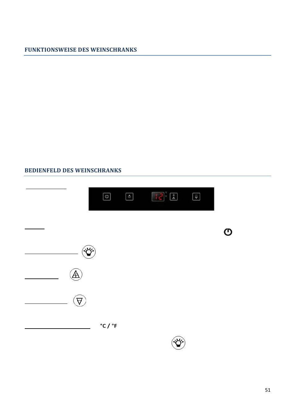 Funktionsweise des weinschranks, Bedienfeld des weinschranks | Climadiff AV93X3ZI-1 User Manual | Page 51 / 106