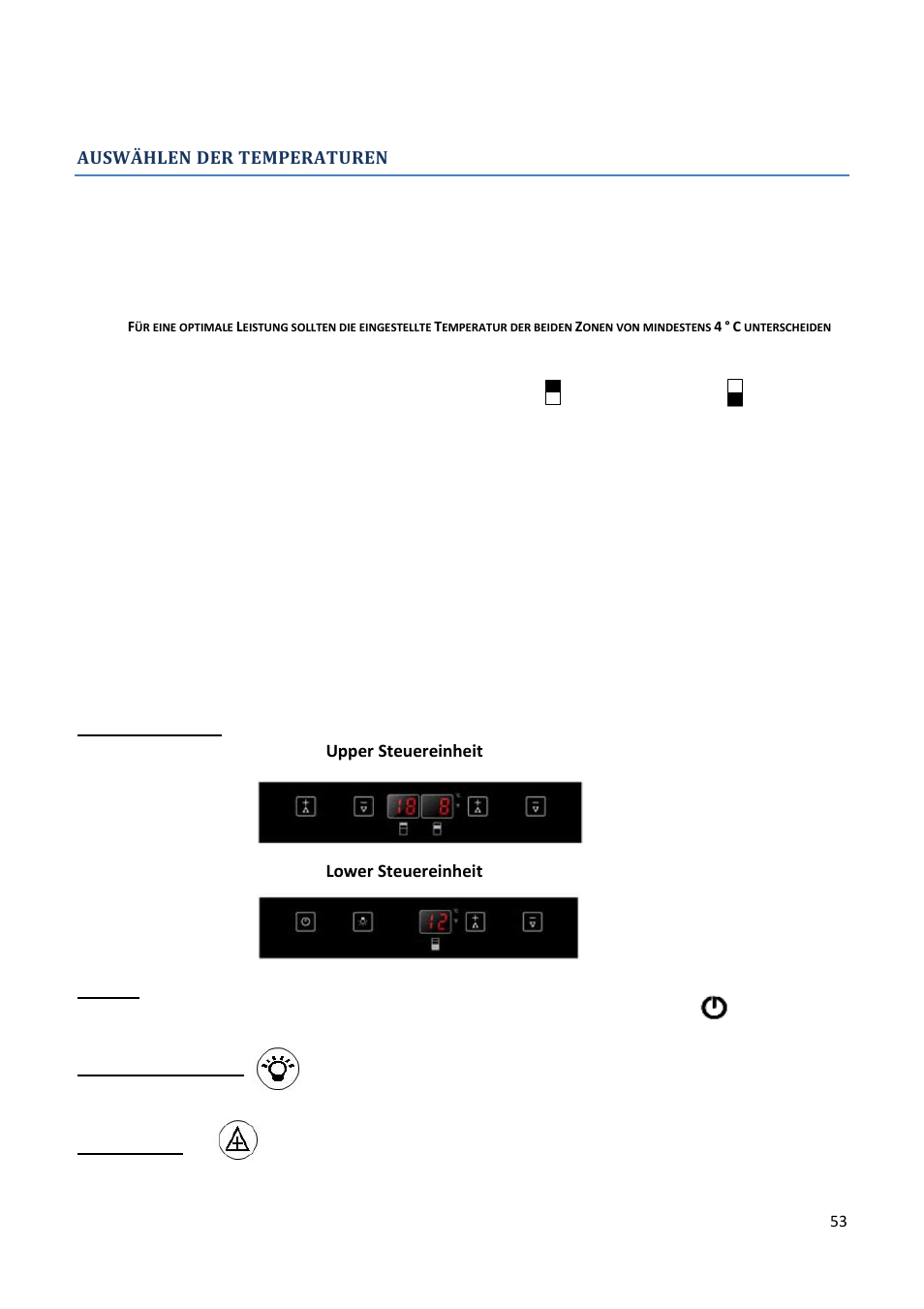 Auswählen der temperaturen, Upper steuereinheit, Lower steuereinheit | Climadiff AV93X3ZI-1 User Manual | Page 53 / 106