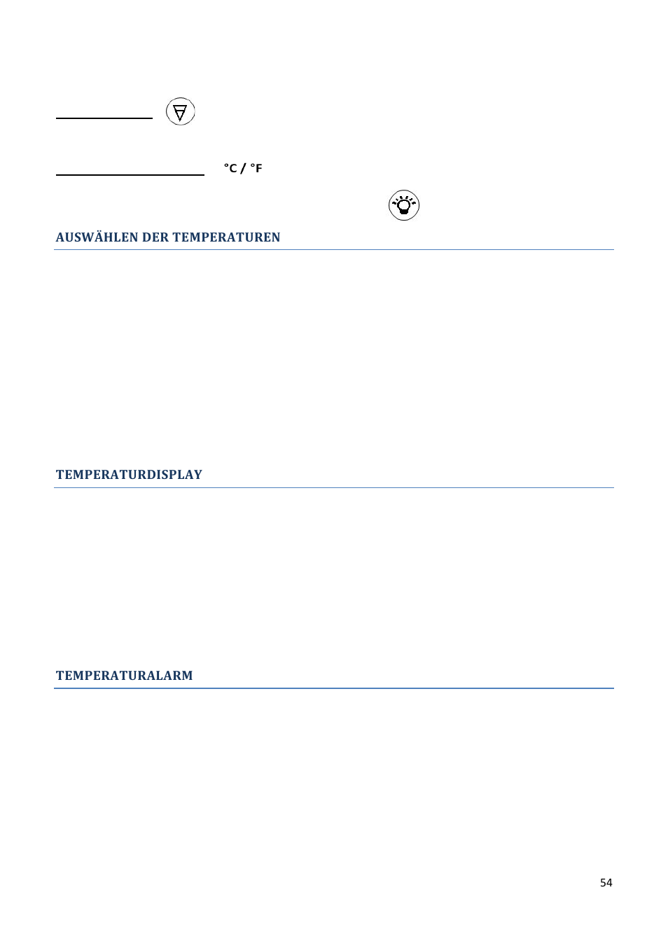 Auswählen der temperaturen, Temperaturdisplay, Temperaturalarm | Climadiff AV93X3ZI-1 User Manual | Page 54 / 106