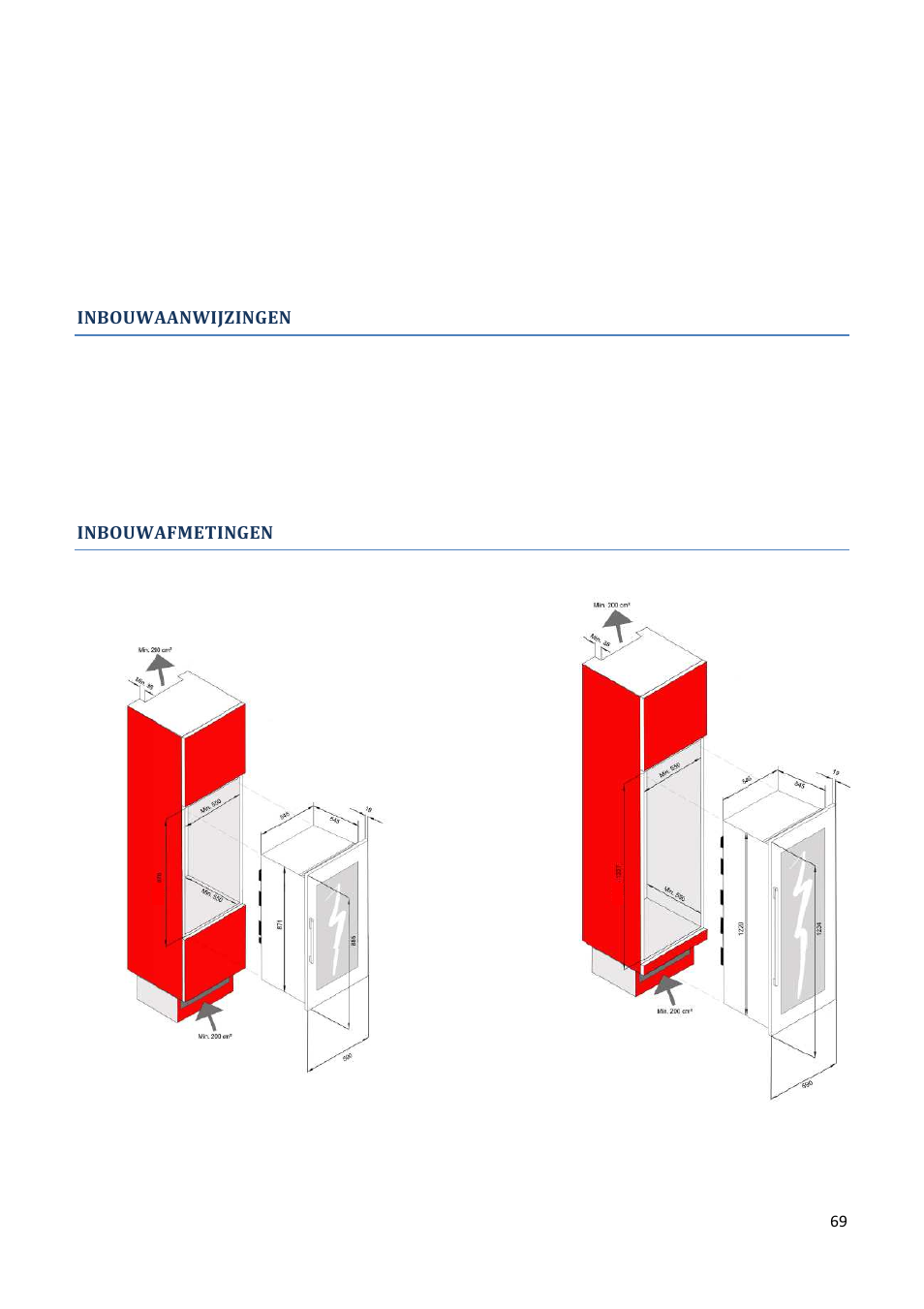 Inbouwaanwijzingen, Inbouwafmetingen | Climadiff AV93X3ZI-1 User Manual | Page 69 / 106